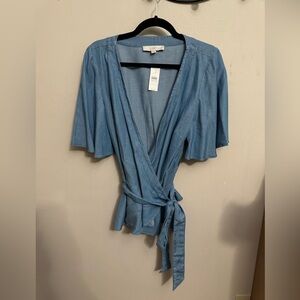 Loft, denim/chambray wrap shirt, peplum hem, NWT, Size Large